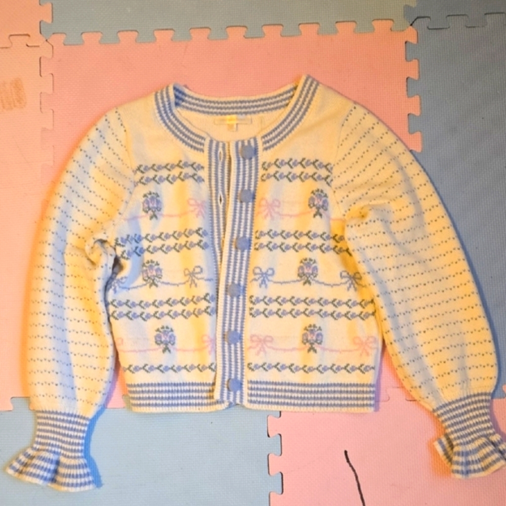 LoveShackFancy Blue and Cream Cardigan Sweater
